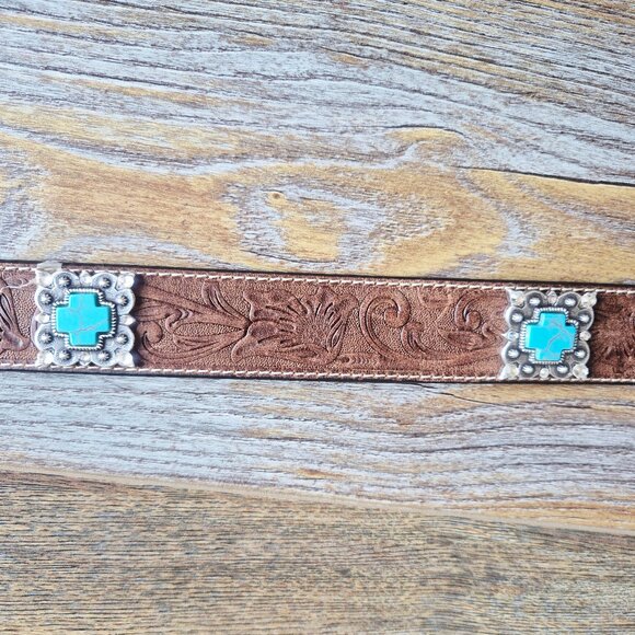 ARIAT Women's Western Belt Embossed-Leather Turquoise Rhinestone-Accent Buckle - Picture 7 of 11